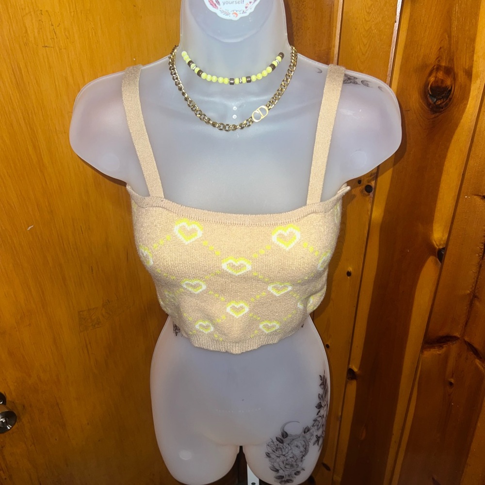 Beige Knit Crop Top with Yellow Heart Pattern